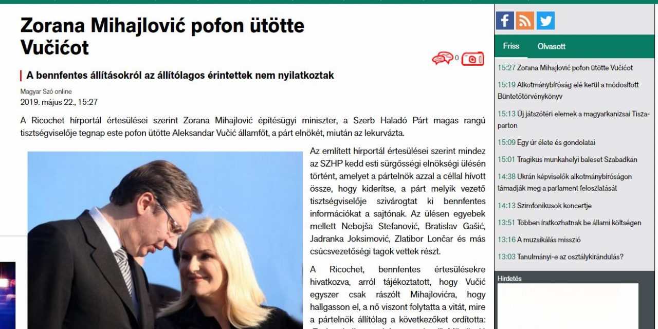 Álhíreket terjesztő honlap cikkével járatja le a Magyar Szó Vučićot és Mihajlovićot