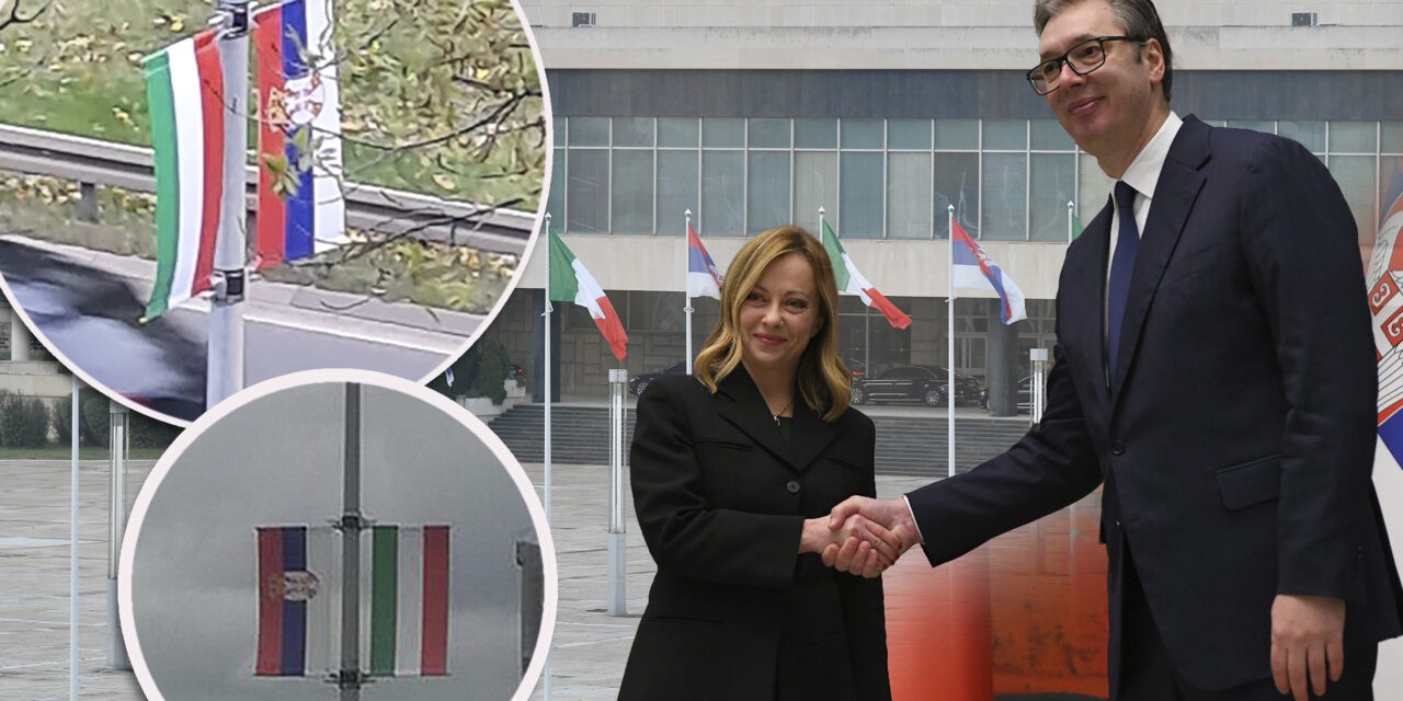 Vučić „szakértői” magyar zászlókkal fogadták Belgrádban az olasz kormányfőt (Fotók)