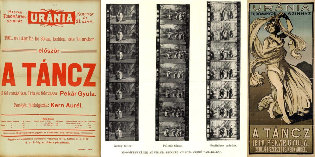 A Táncz c. első magyar film plakátjai és megmaradt mozgófénykép szalagjai (Fotók: Wikipedia)